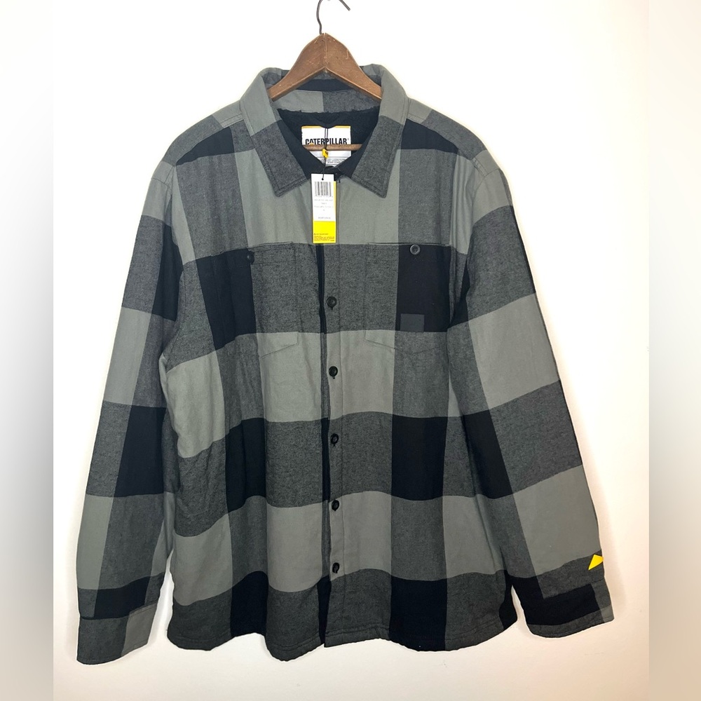Caterpillar | Flannel Sherpa Lining Black Gray Plaid Shirt Jacket Shacket XL NWT